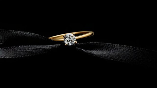 Elegant diamond ring on black satin ribbon against a dark background