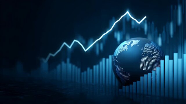 Abstract background featuring a dynamic pattern of interconnected blue trading bars and geometric shapes suggesting financial markets and data flow