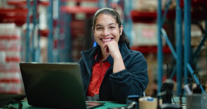 Logistics, face or woman in depot with laptop, pride or career in online order management. Distribution, digital or dispatch agent in warehouse with tech, about us or confidence in backlog control.