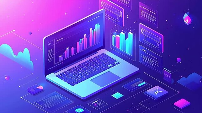 An isometric laptop displays and interacts with floating holographic data, charts, and abstract tech elements against a vibrant gradient background, illustrating data analysis and technology.