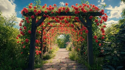 A stone pathway leads through a rose-covered garden archway on a sunny day.