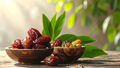 Dates and Nuts in Wooden Bowls with Green Leaves.