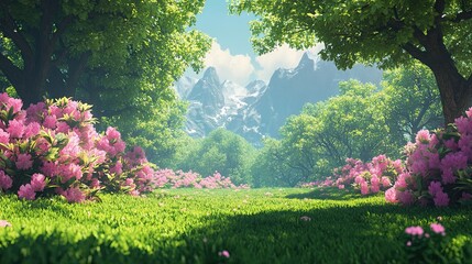 Lush meadow with flowering bushes and distant mountains under a blue sky.
