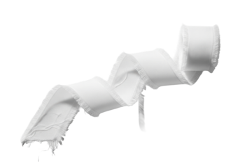 Photorealistic macro flat lay of a white silk ribbon with frayed edges, spiraling on a seamless background with copy space and soft shadow. Concept of refined design