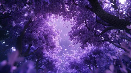 Lush purple canopy of trees with blooming flowers looking up towards the sky.
