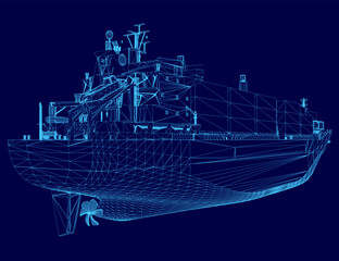 A detailed 3D wireframe model of a large container ship floats on a solid blue background. Its complex structure is defined by numerous interconnected lines and geometric shapes. © German Ovchinnikov