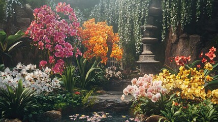 Vibrant orchid garden with stone pagoda and tranquil water feature.