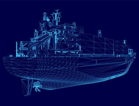 A detailed 3D wireframe model of a large container ship floats on a solid blue background. Its complex structure is defined by numerous interconnected lines and geometric shapes.