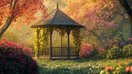 Idyllic garden gazebo surrounded by blooming flowers and trees.
