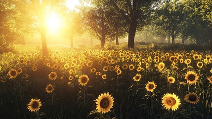 Sunlit sunflower field with trees in the background during a golden hour.