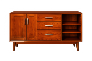 Mid-century modern wood sideboard with drawers, cabinets, and open shelves, offering stylish storage solutions