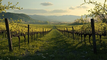 Vineyard rows leading to distant mountains under a spring sky.
