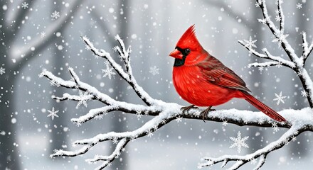 Northern Cardinal Perched on Snowy Branch During Winter Snowflake Fall.jpg