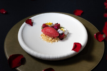 A beautifully plated dessert with a scoop of sorbet and fruit decorations, ready to be enjoyed