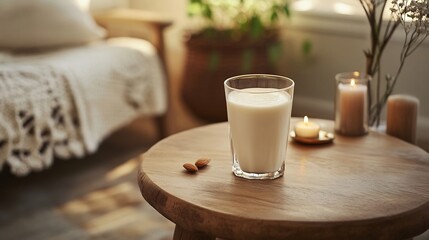Serene meditation space with a glass of almond milk on a simple wooden table surrounded by candles and calming elements promoting mindfulness and relaxation in a tranquil environment