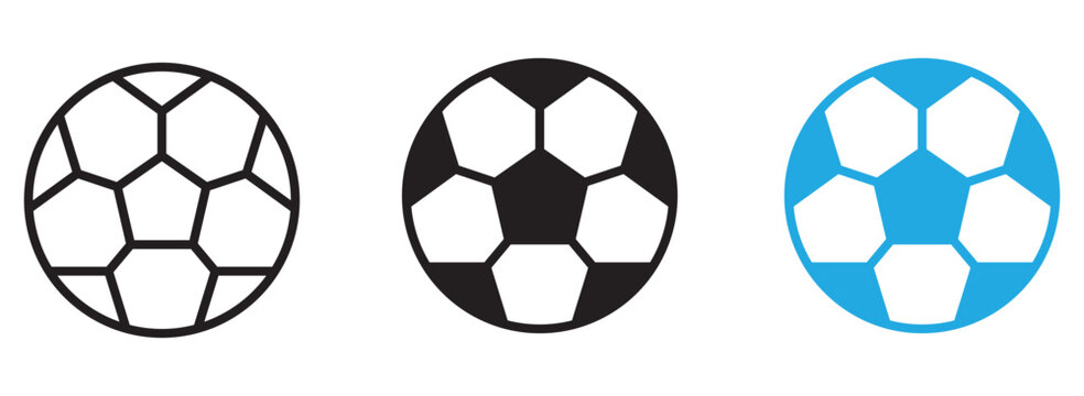 Collection of soccer ball icons featuring outline, black and white, and blue designs