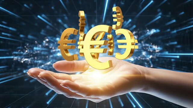 A hand cradles glowing golden euro symbols against a blue, techy digital backdrop. Amid radiant glow