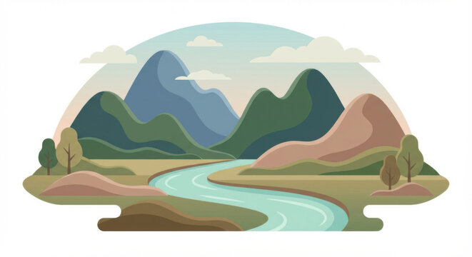 Minimalist landscape of rolling green hills blue mountains and a winding river under white clouds