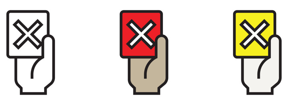 Referee hand holding red, yellow, and black and white cards with 'x' symbol for sports violation