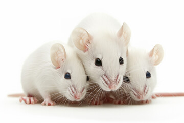 White laboratory mice: mother with pups; isolated. White laboratory mice: mother with pups, which are 9 days old; isolated on white