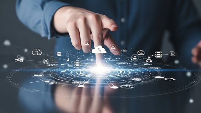 Hand interacting with futuristic digital interface displaying cloud icons and data symbols - Powered by Adobe