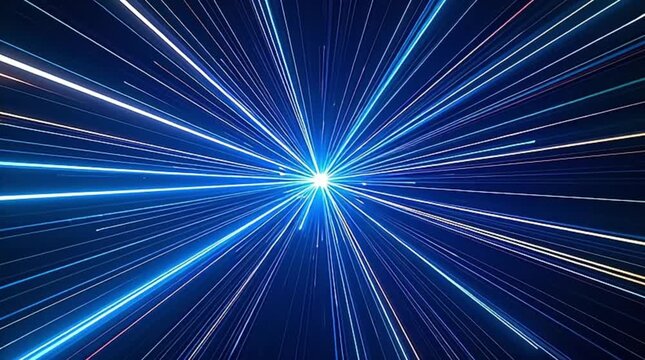 A dynamic abstract background depicts dazzling blue and white light trails converging towards a central point, simulating hyper-speed or warp drive motion.