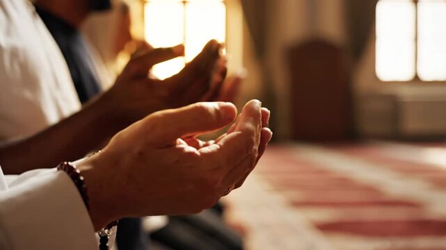 Muslim worshippers are captured in a spiritual close-up, raising their hands in peaceful supplication (dua) with warm golden light illuminating the sacred mosque interior.