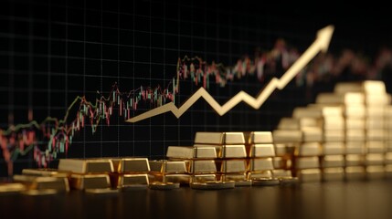 Gold bars stacked beside a rising graph, representing financial growth and investment potential in the stock market with trading and economic trends illustrated