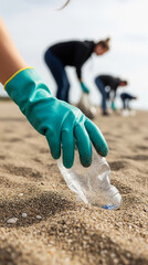 Close-up of Hand Removing Plastic Litter from Sandy Beach During Cleanup