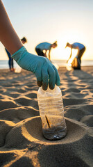 Hand in Glove Collecting Plastic Bottle During Beach Cleanup at Sunset