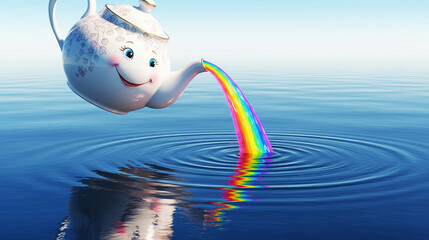 Whimsical Teapot Pouring a Rainbow into Blue Water