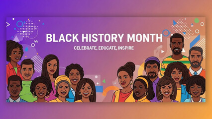 Diverse group of people celebrating black history month with colorful background and inspiring text with celebration and diversity and inclusion