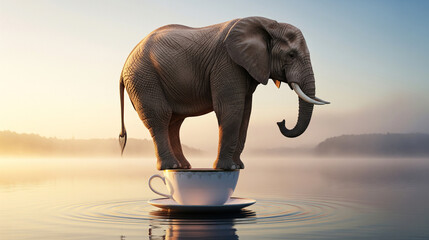 The Balancing Act: Giant Elephant Standing on a Teacup Floating at Misty Sunrise