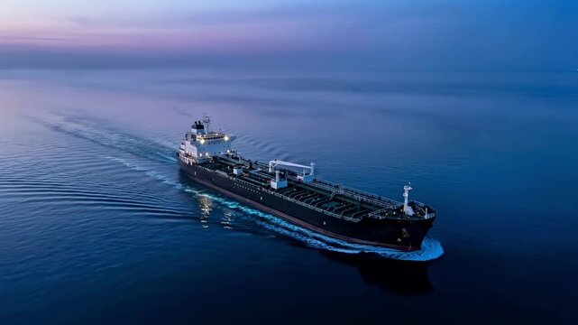 Aerial drone view of a large oil tanker ship at twilight. Cargo vessel navigating through dark glassy water with a luminous wake. Maritime logistics and global energy transport concept