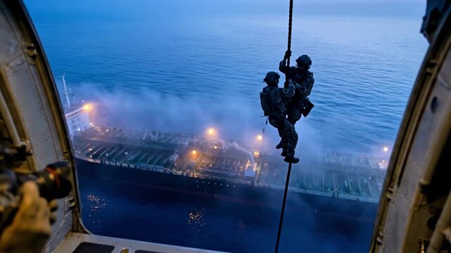 Military special forces operators fast-roping from a helicopter onto an oil tanker. Tactical maritime insertion at blue hour. Special operations mission on a ship at sea
