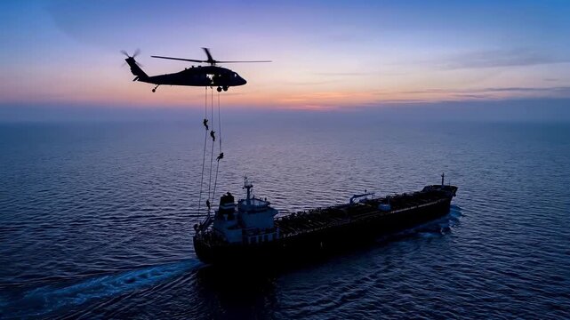 Helicopter fast roping team silhouettes on a dark oil tanker at twilight. Special forces maritime boarding operation in the ocean. Tactical military exercise at dusk. Cinematic aerial view