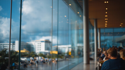 A modern jet bridge is seen from inside the terminal, with large windows revealing the bustling airport outside, highlighting the intersection of technology and human connection in travel.