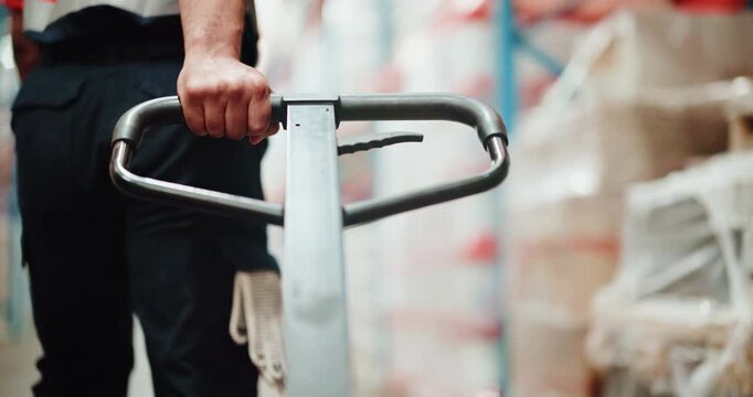 Shipping, warehouse and hands with pallet truck, loader and restock for goods distribution and fast. Moving, cargo and person with equipment for supply chain in factory, merchandise and logistics