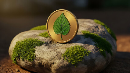 Fintech 3d data visualization featuring a golden coin with a leaf emblem resting on a moss-covered rock.