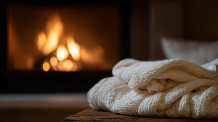 Knitted blanket arranged casually before a fireplace, glowing fire creating a soothing atmosphere of warmth, stillness, and domestic comfort. cinematic color correction, natural uneven lighting yet