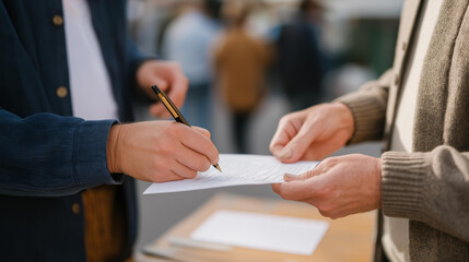 A municipal clerk assisting a resident with permit applications, highlighting fields on a printed form while offering clear guidance — community support and government accessibility. cinematic