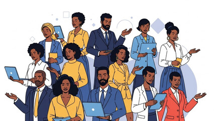 Diverse group of business professionals with laptops standing together in a collaborative work environment with a mix of casual and formal attire