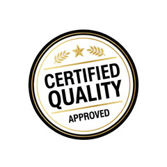 Obraz premium Premium certified quality approved gold and white emblem badge design, professional guarantee stamp graphic isolated on transparent background.