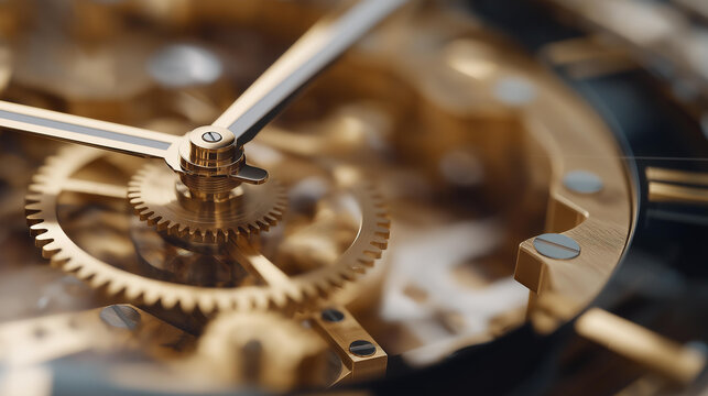 Detailed view of a mechanical clock movement, interconnected gears and levers demonstrating complex mechanics, reliability, and timeless industrial design. cinematic color correction, natural