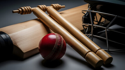 Essential cricket equipment laid out for an intense game, featuring a vibrant red ball, wooden bat, bails, and a protective helmet, ready for competitive play