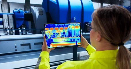 Fotobehang Sportwinkel Female Engineer Inspects Gas Turbine At Power Plant  © Andrey Popov