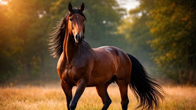 Majestic brown horse with a flowing black mane standing in a golden meadow at sunset. A powerful stallion in a sunny field landscape.