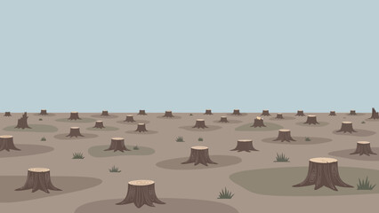 Obraz premium Environmental Deforestation Scene: An illustration revealing the stark aftermath of deforestation, with numerous tree stumps dominating the barren landscape under a neutral sky.
