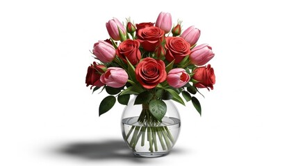 Fototapeta premium Elegant bouquet featuring vibrant red roses and delicate pink tulips arranged in a clear glass vase, perfect for romantic gestures, celebrations, or decorative floral arrangements. isolated PNG