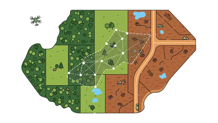 Aerial Drone Survey of Green Areas: An illustration depicting a drone surveying a mixed landscape of green spaces, farmland, roads, and waterways.
